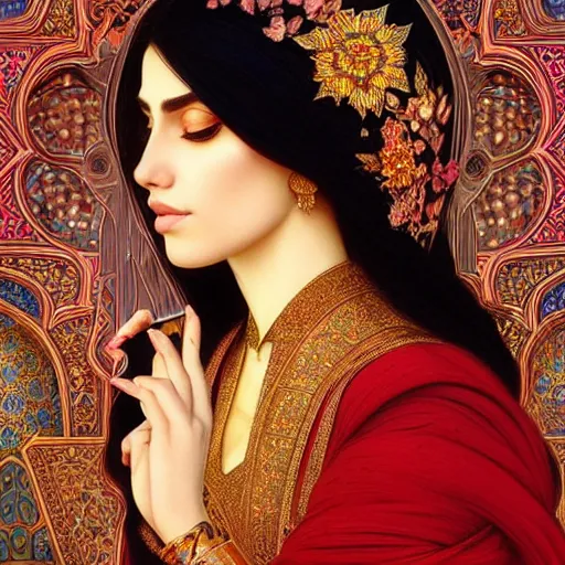 Prompt: Beautiful portrait of a Persian Princess who is an architect, beautiful princess, face painting, architecture, persian style architecture, dramatic lighting, intricate, wild, highly detailed, digital painting, artstation, concept art, smooth, sharp focus, illustration, black+velvet+red, art by artgerm and greg rutkowski and alphonse mucha, footage from space camera