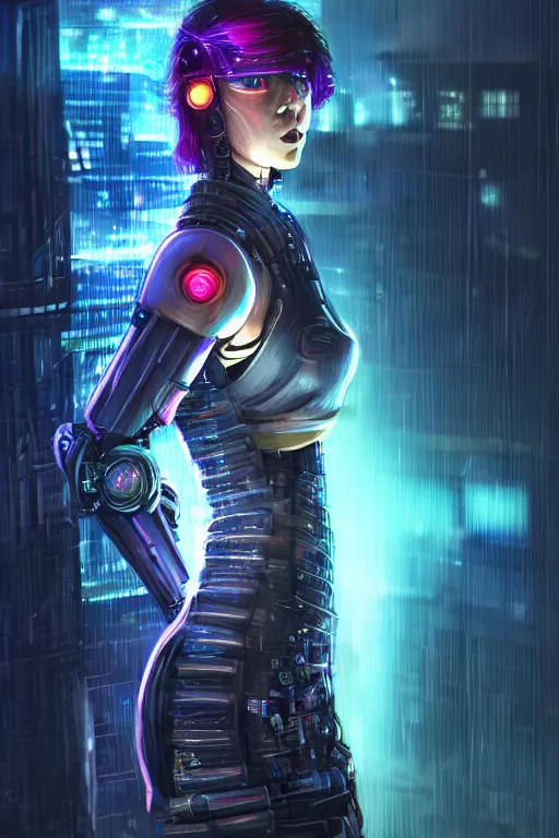 Image similar to portrait futuristic tawny cyberpunk young female Paladin, in futuristic heavily raindrop tokyo rooftop cyberpunk night, ssci-fi, fantasy, intricate, very very beautiful, elegant, neon light, highly detailed, digital painting, concept art, human anatomy, soft light, hdri, smooth, sharp focus, illustration, art by tian zi and craig mullins and WLOP and alphonse mucha