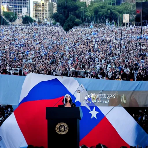 Image similar to Lady Gaga as president, Argentina presidential rally, Argentine flags behind, bokeh, giving a speech, detailed face, Argentina