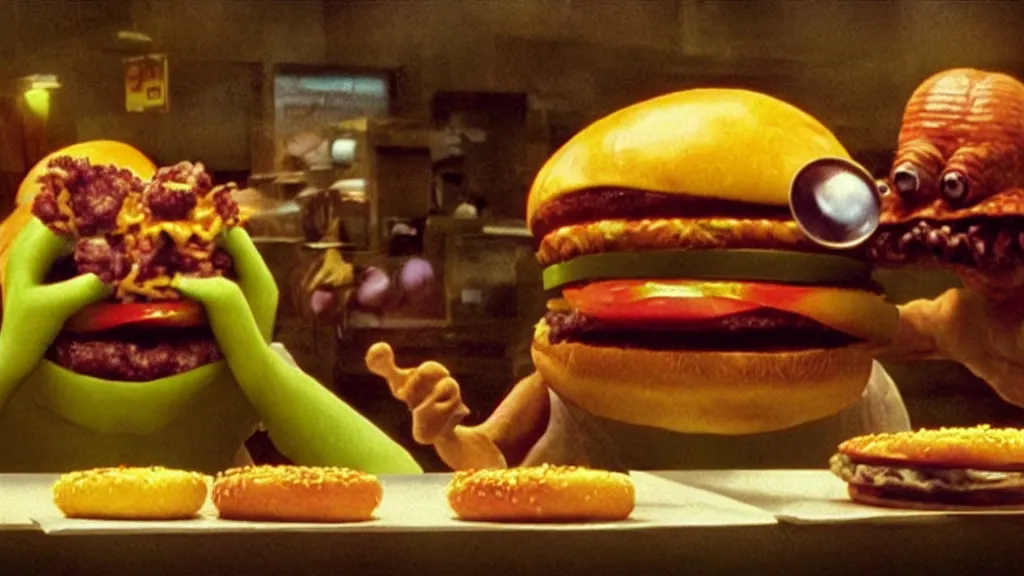 Image similar to the strange cheeseburger creature loves everybody at the fast food place, film still from the movie directed by denis villeneuve and david cronenberg with art direction by salvador dali and zdzisław beksinski, wide lens