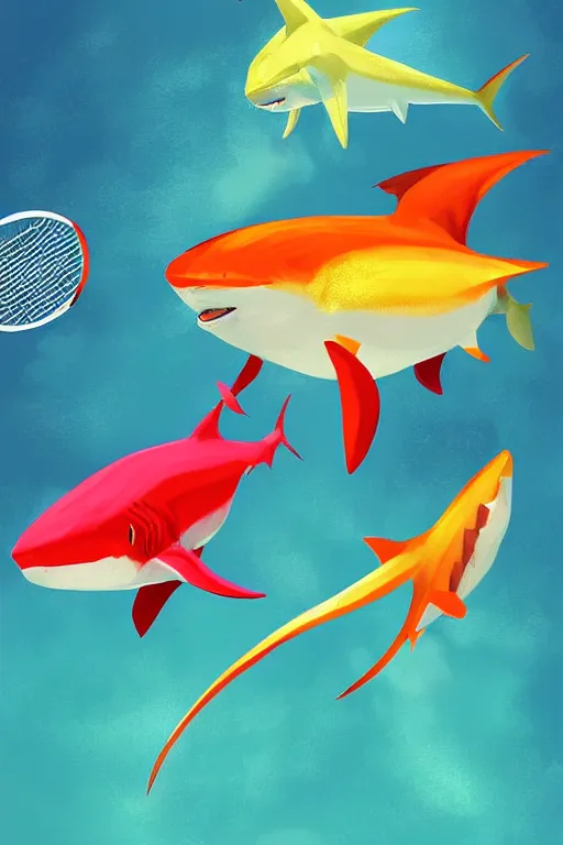 Prompt: colorful sharks playing tennis, digital art, artstation trending, digital painting