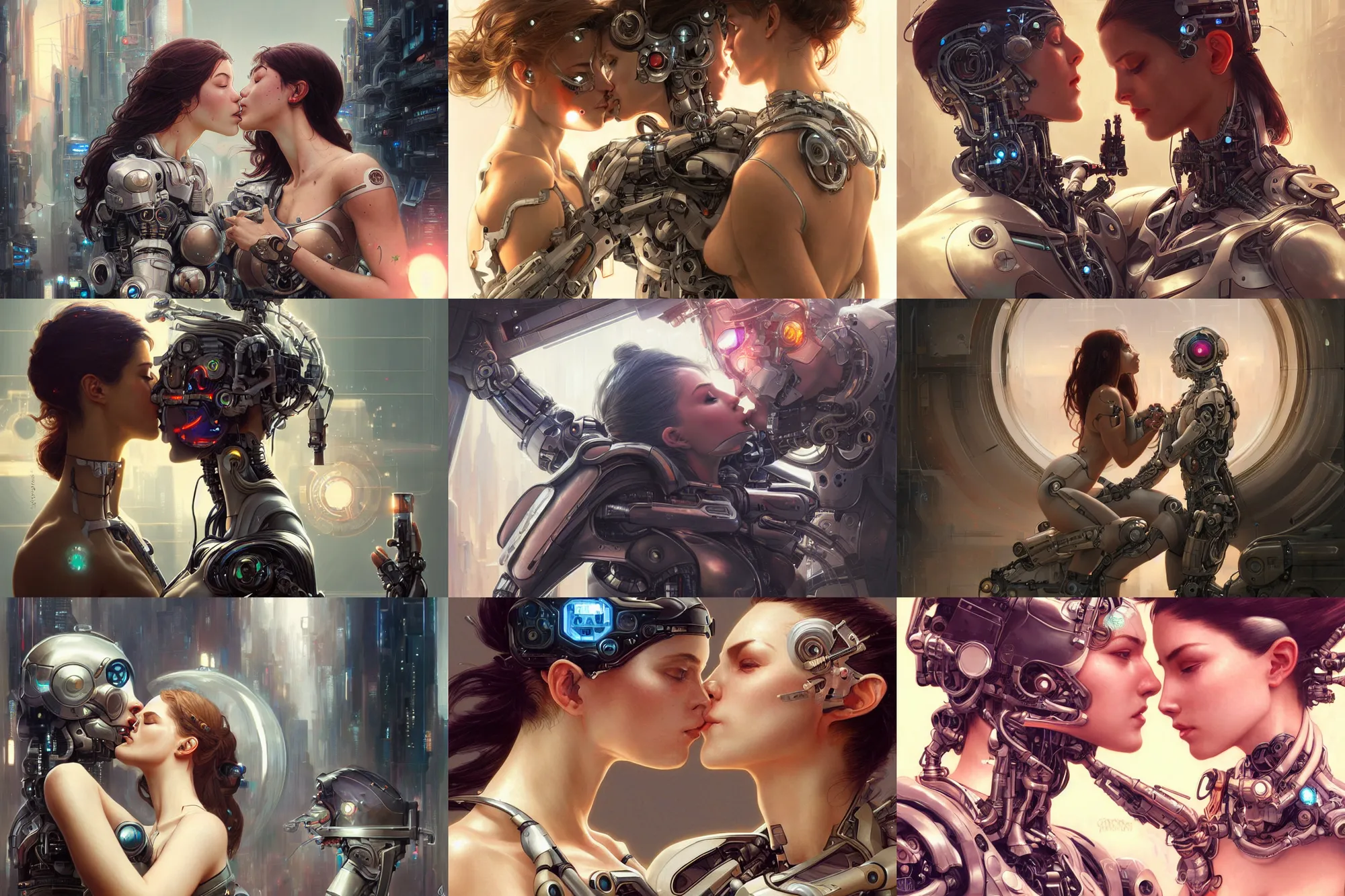 Image similar to Ultra realistic illustration, woman, cyborg and robot kissing each other, cyberpunk, sci-fi, fantasy, intricate, elegant, highly detailed, digital painting, artstation, concept art, smooth, sharp focus, illustration, art by artgerm and greg rutkowski and alphonse mucha