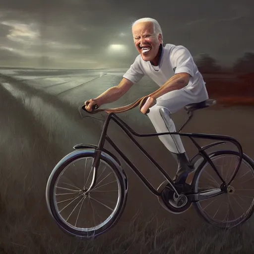 Image similar to Hyper realistic portrait of Joe Biden riding a bicycle made of hair, Cinematic lighting, ultra super good realistic 3D render by Gerald Brom and James Jean, Trending on Artstation, I can't believe how detailed this is, 8k, post processing, sharp focus.