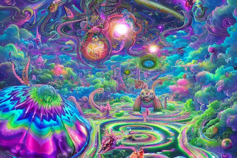 Image similar to a psychedelic realm at the edge of existence where intensely creative astral beings exist, in the style of WLOP, lisa frank, and masashi kishimoto, illustration, epic, fantasy, hyper detailed, smooth, unreal engine, sharp focus, ray tracing