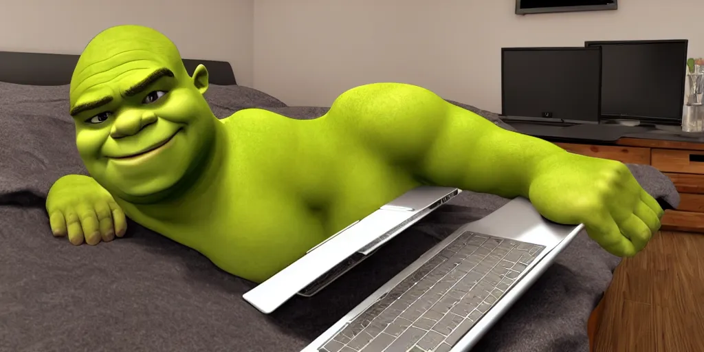 Image similar to Shrek laying on his bed with a laptop on his chest