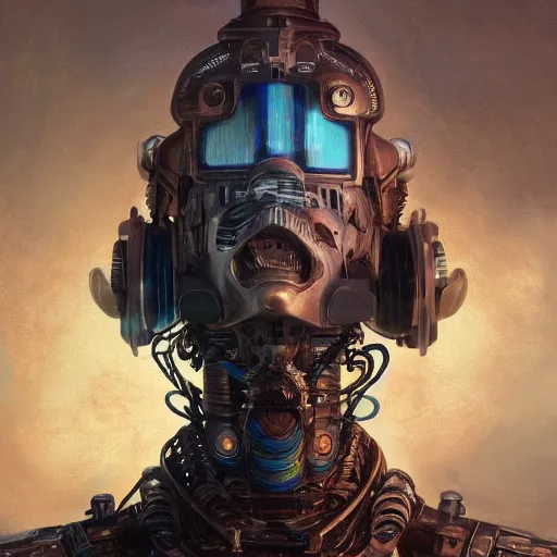 Image similar to low angle shot of a cyberpunk gazmask robot character, intricate, elegant, highly detailed, centered, digital painting, artstation, concept art, smooth, sharp focus, illustration, artgerm, Tomasz Alen Kopera, Peter Mohrbacher, donato giancola, Joseph Christian Leyendecker, WLOP, Boris Vallejo