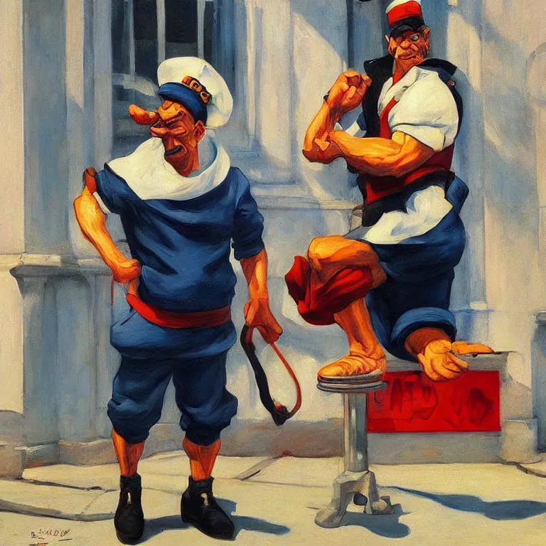 Prompt: Street-art portrait of Popeye the Sailor in style Edward Hopper, photorealism