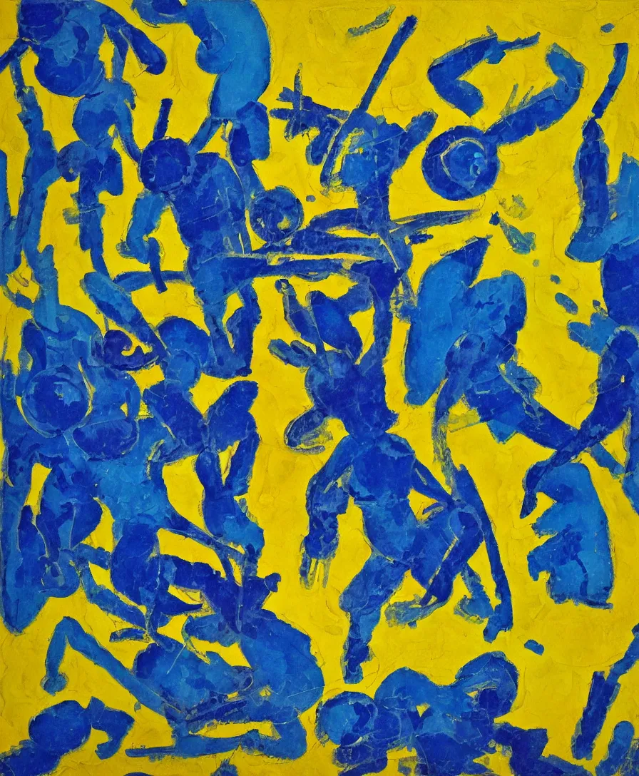 Image similar to blue and yellow warrior defeats satan, expressive abstractionism, many small saturated hard relief strokes of oil on canvas with high detail