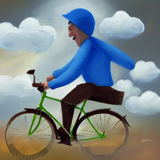 Prompt: A whimsical painting of a happy man flying in the sky on his bicycle in the clouds, expressive oil painting, digital art