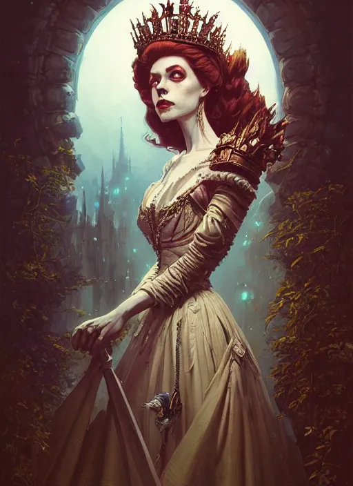 Image similar to Highly detailed portrait of Undead queen elizabeth, Stephen Bliss, unreal engine, fantasy art by Greg Rutkowski, Loish, Rhads, ferdinand knab, Makoto Shinkai and Lois van baarle, ilya kuvshinov, rossdraws, Tom Bagshaw, alphonse mucha, global illumination, radiant light, detailed and intricate environment