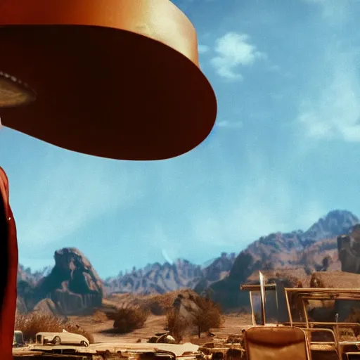 Image similar to Kanye West as willy wonka in fallout new vegas, splash art, movie still, cinematic lighting, dramatic, octane render, long lens, shallow depth of field, bokeh, anamorphic lens flare, 8k, hyper detailed, 35mm film grain