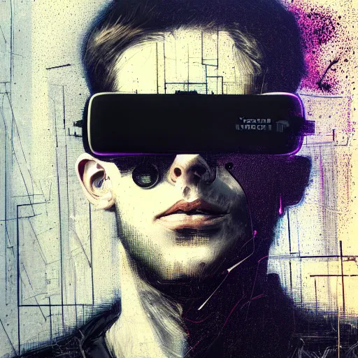 Prompt: portrait of a youthful man with vr glasses in techwear, by Guy Denning, by Johannes Itten, by Russ Mills, centered, glitch art, hacking effects, digital tech effects, cyberpunk, color blocking! , oil on canvas, intricate detail, concept art, abstract, octane render, cgsociety, trending on artstation