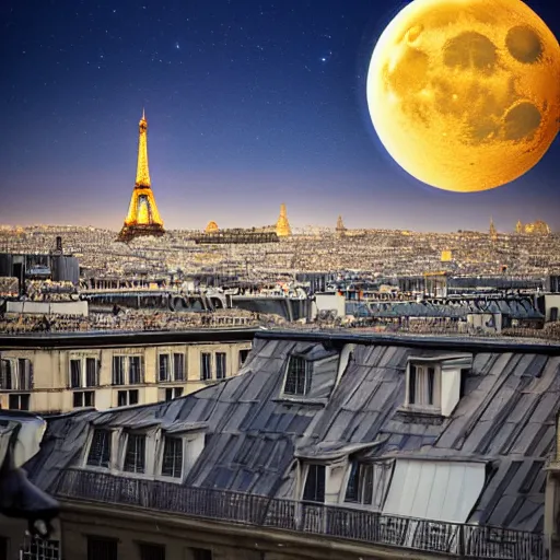 Prompt: ladybug and cat noir dreamy moonscape Paris rooftop