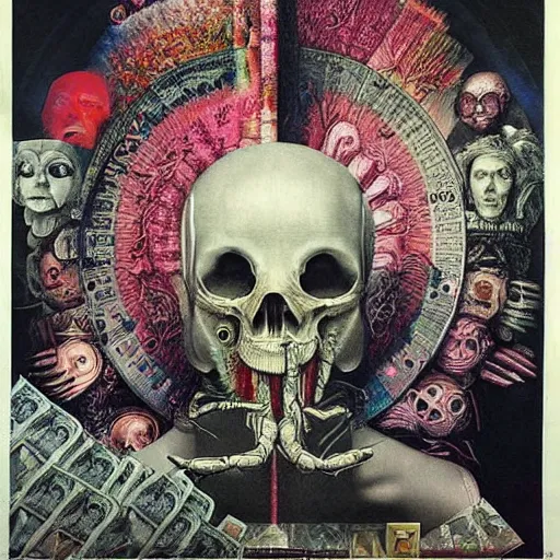 Image similar to new age album cover, asymmetrical design, contains no faces, highly detailed, dollar bank notes, capitalism, magic, apocalypse, psychedelic poster, black white pastel pink, slightly holographic, magic, giger h. r., giuseppe arcimboldo, peder balke