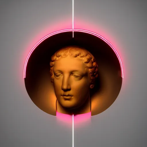 Image similar to a neon ring surrounding the head of a renaissance statue, 3 d render