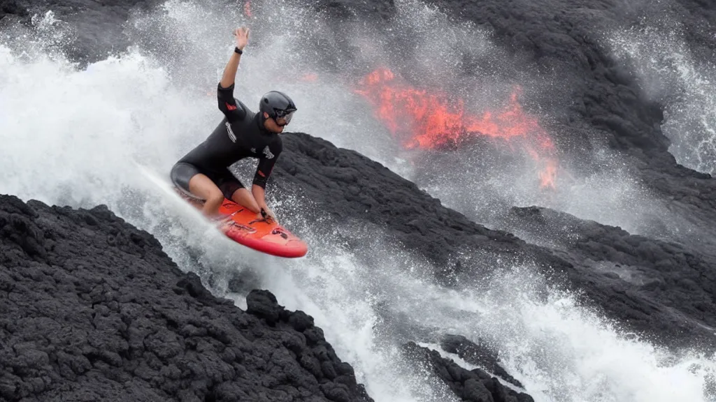 Image similar to person wearing a sponsored team jersey with logos surfing down a river of lava on the side of a volcano on surfboard, action shot, dystopian, thick black smoke and fire, sharp focus