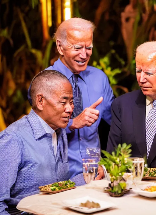 Image similar to Trump and Biden having dinner at a fancy Balinese restaurant, award winning photography, 85mm, perfect faces