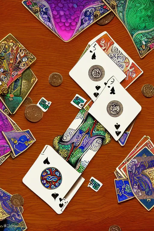 Image similar to colorful playing cards and coins on a wooden table seen from above, warm lighting, fantasy, intricate, elegant, highly detailed, digital painting, artstation, concept art, matte, sharp focus, illustration, art by kay nielsen and walter crane, illustration style, watercolor