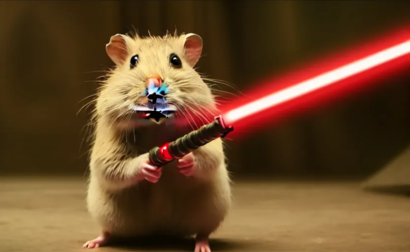 Prompt: hamster, wielding a lightsaber, movie still, star wars, cinematic, sharp focus, cinematic lighting, 8 k