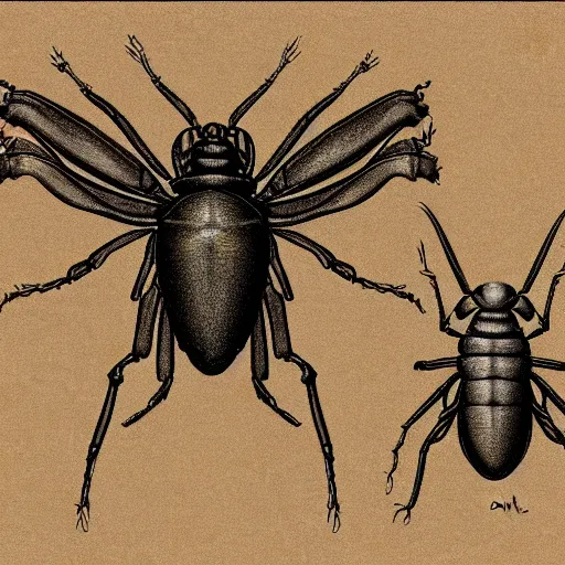 Image similar to detailed color technical drawing of alien bugs by da vinci