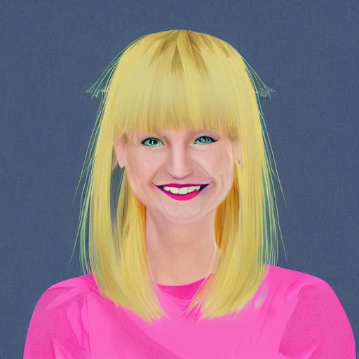 Image similar to digital art portrait of a happy woman with bangs and blonde hair wearing a pink dress