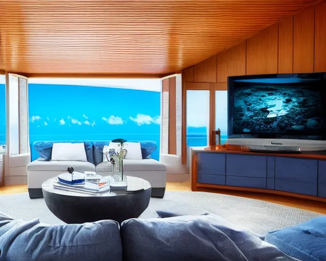 Image similar to A modern living room in the middle of the ocean, a luxurious wooden coffee table with large seashells on it, A huge television, amazing detail, 8k resolution, blue color, calm, relaxed style, harmony, wide angle shot