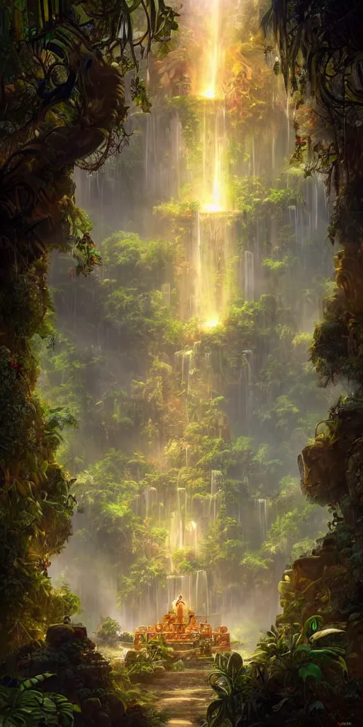 Prompt: Detailed Interior of the Tropical Jungle Monastery Ruins, Waterfall walls, lush vegtation, light shafts, the glowing throne, stunning atmosphere, in Style of Peter Mohrbacher, cinematic lighting