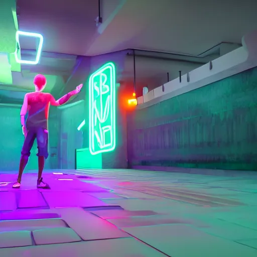 Prompt: unreal engine 5, a young man trapped in a dream, neon colours