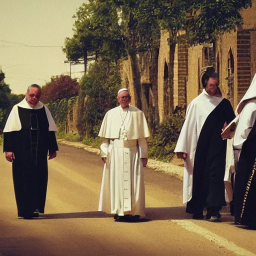 Prompt: priest, pope, jackal, [ nun ], walking down the road,