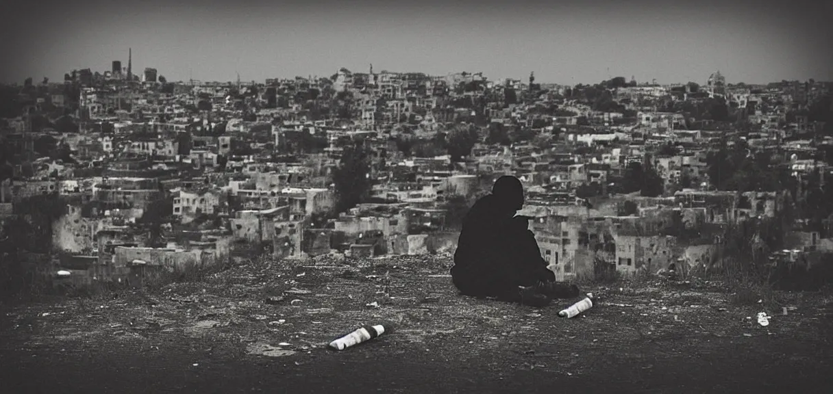 Image similar to “sad soldier, sitting alone, smoking a cigarette, looking at the ruins of his city from a hill”