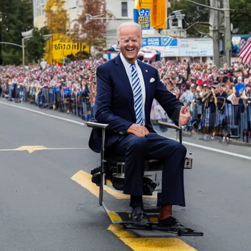 Prompt: Photo of Joe Biden riding a toilet at the front of a parade, taken with a Canon EOS 5D.