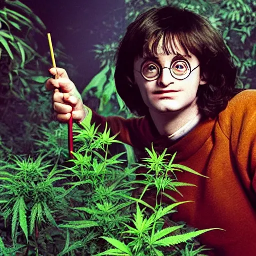 Image similar to harry potter in a jungle of weed plants, smoke everywhere, holding a wand that is a cigarette and a joint smoking out of it smoke, red eyes, bloodshot eyes, smoking weed