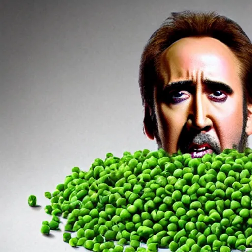 Prompt: nicolas cage trapped in a wicker cage being covered in peas, screaming