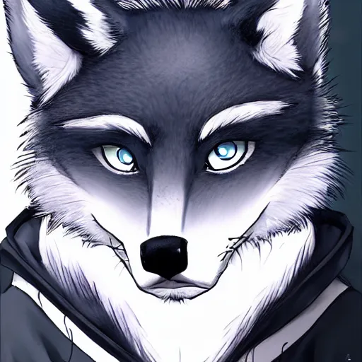 Image similar to key anime visual portrait of an anthropomorphic anthro wolf fursona, in a jacket, with handsome eyes, official modern anime art