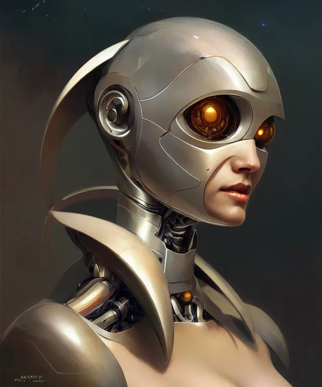 Image similar to a robot with acat face removed, sci - fi face, elegant, highly detailed, digital painting, artstation, concept art, smooth, sharp focus, illustration, art by artgerm and greg rutkowski and alphonse mucha