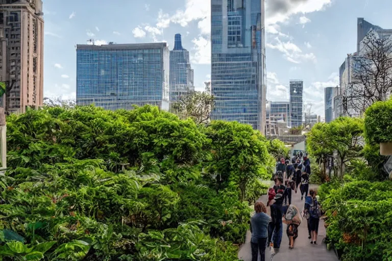 Image similar to a cinematic wideangle photograph of people walking through a utopian city walkway on top of buildings, green plants, blue sky, beautiful lighting, ultra realistic