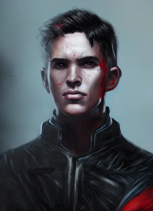 Image similar to An epic fantasy comic book style portrait painting of a young man with black cowlick haircut, wearing black overcoat, red clothes, blue jeans. Unreal 5, DAZ, hyperrealistic, octane render, cosplay, RPG portrait, dynamic lighting