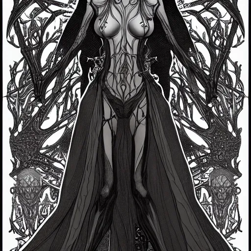 Image similar to full body of an elven witch,intricate, veins, by Hugo pratt, ultradetailed, trending on artstation,