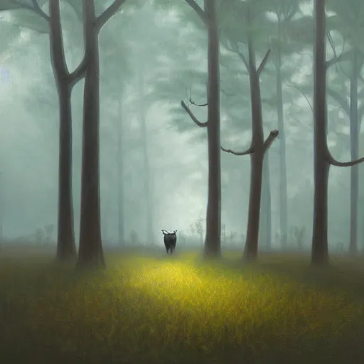 Image similar to Highly realistic painting of a cow standing in the middle of a dark forest, oak trees, fog, moody lighting, volumetric lighting