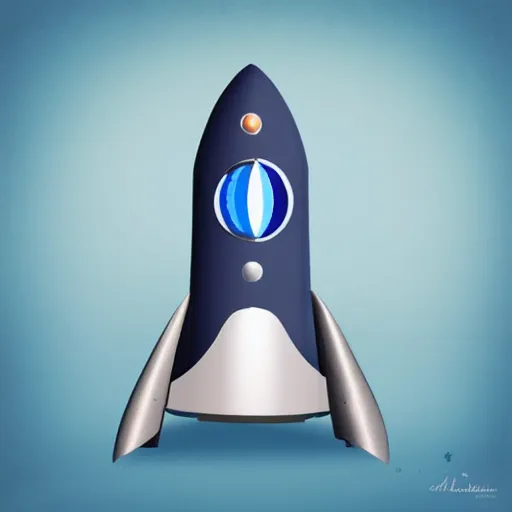 Image similar to a cute space rocket made of shiny plastic and aluminium - professional photo studio - dark bleu background - vignette