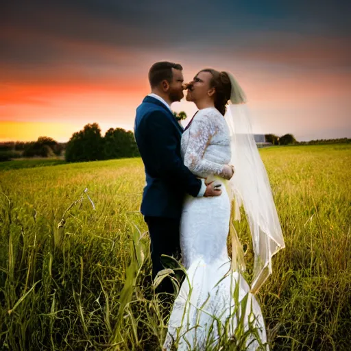Prompt: photograph of newlyweds couple in a field at sunset