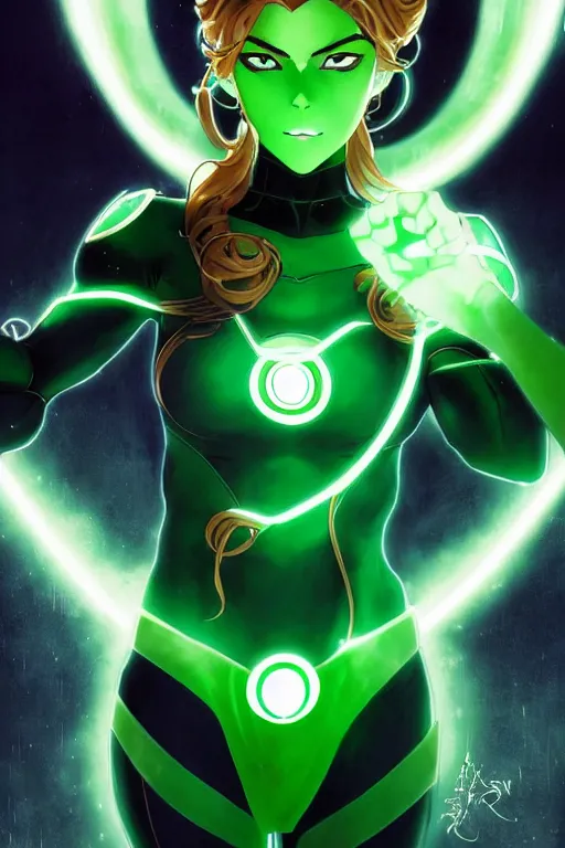 Image similar to anime key visual of a beautiful young female green lantern!! intricate, green and black suit, glowing, powers, dc comics, cinematic, stunning, highly detailed, digital painting, artstation, smooth, hard focus, illustration, art by artgerm and greg rutkowski and alphonse mucha