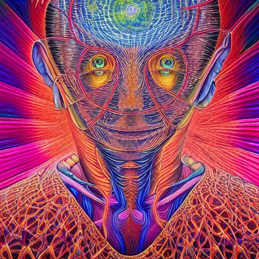 Image similar to realistic detailed image of the human consciousness contained in a vessel that is a vast holographic universal mind by Alex Grey, Terence McKenna, and Adam Jones, Psychedelic, sacred geometry, rich deep colors. Alex Grey Painting, part by Cameron Grey. masterpeice