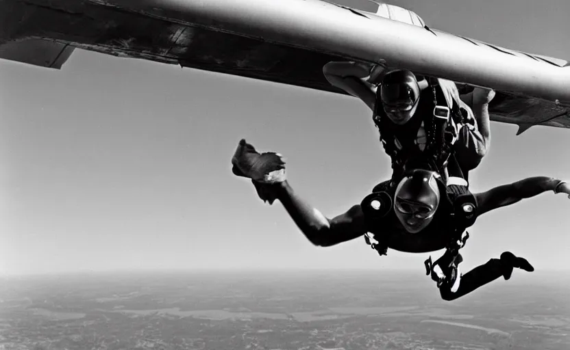 Prompt: close up on a skydiver tensioning muscles. plane in the background 8 0'sstyle