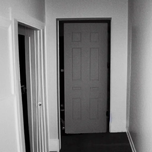 Prompt: view from the bed looking towards the hallway door at night with a shadow person standing at the door, photography