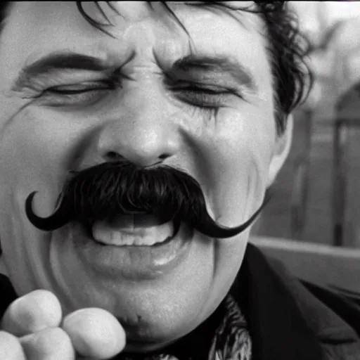 Image similar to Film still of a cackling man, bushy moustache, extreme close-up shot,