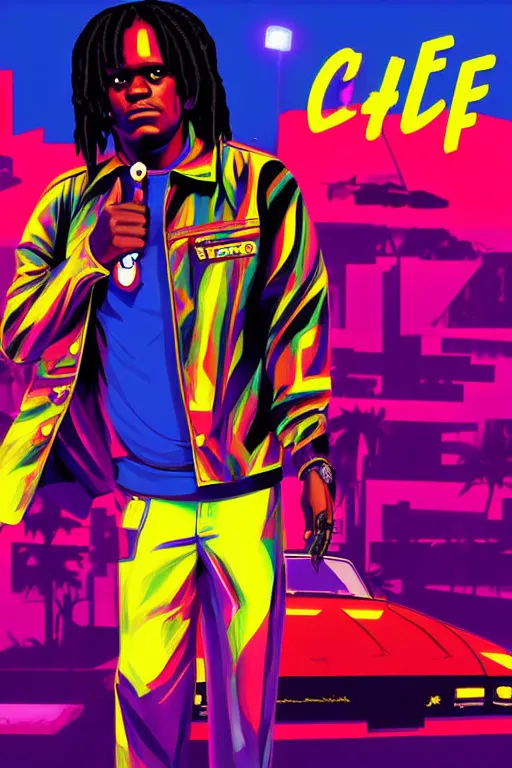 Image similar to chief keef with riffle, gta vice city style, pop art, no duplicate image, glowing lights, ultra details, digital painting, artstation, concept art, smooth, sharp focus, illustration, intecrate details, art by richard hamilton and mimmo rottela, pixels art by kirokaze and paul robertson