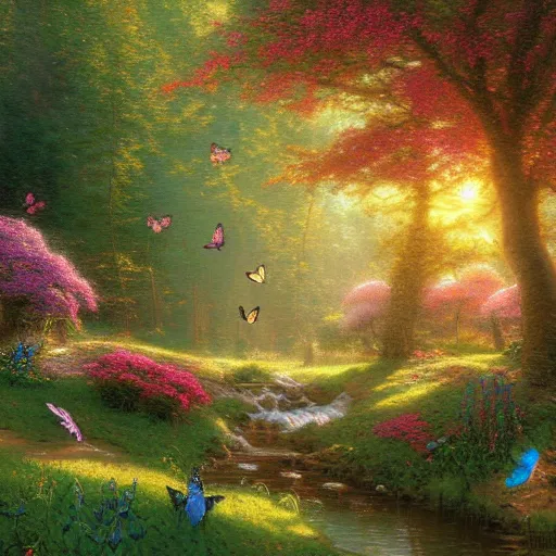 Prompt: A beautiful spring forest full of butterflies, digital art, trending on artstation, well detailed, by Thomas Kinkade and Albert Bierstadt