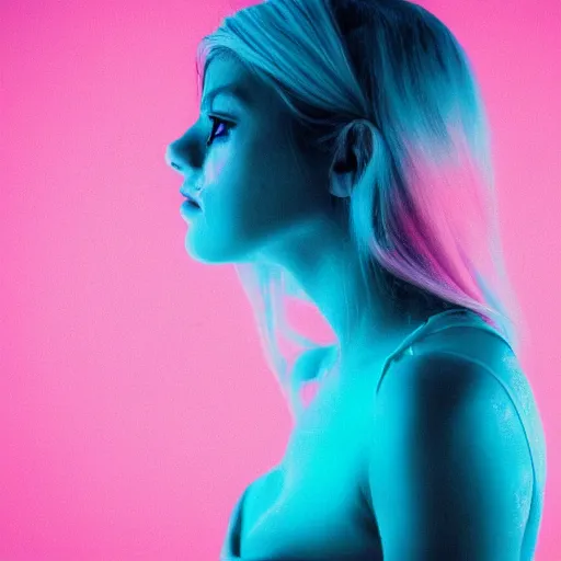 Prompt: a photo of a beautiful woman. moody and melanchony. with a bit of cyan and pink.