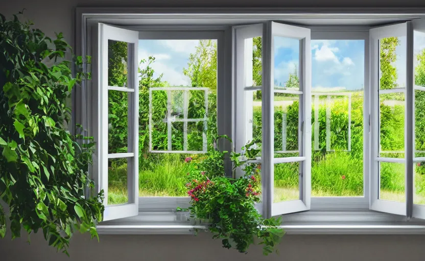 Prompt: photorealistic imagery of interior of house in vilalge, window, plants, cups, food, vegetable plant, field landscape